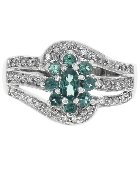 Green Chrysoberyl and Diamond Flower Open Cut Bypass Ring in White Gold